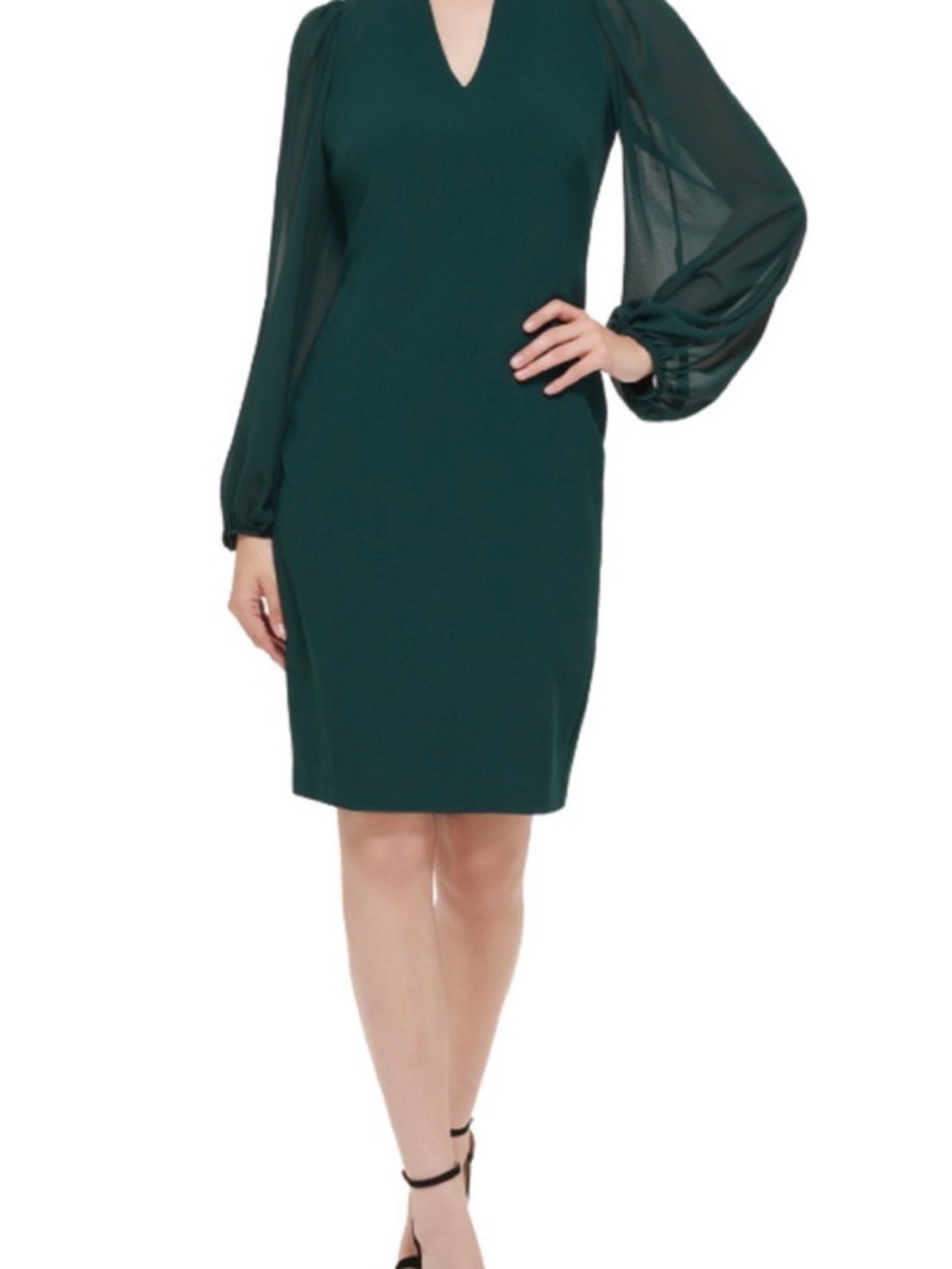 Vince Camuto Dark Green Long Sleeve V-Neck Crepe Dress